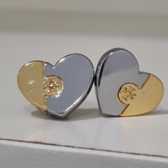 Tory Burch Heart Logo Two Tone Stud Earrings - Picture 1 of 1